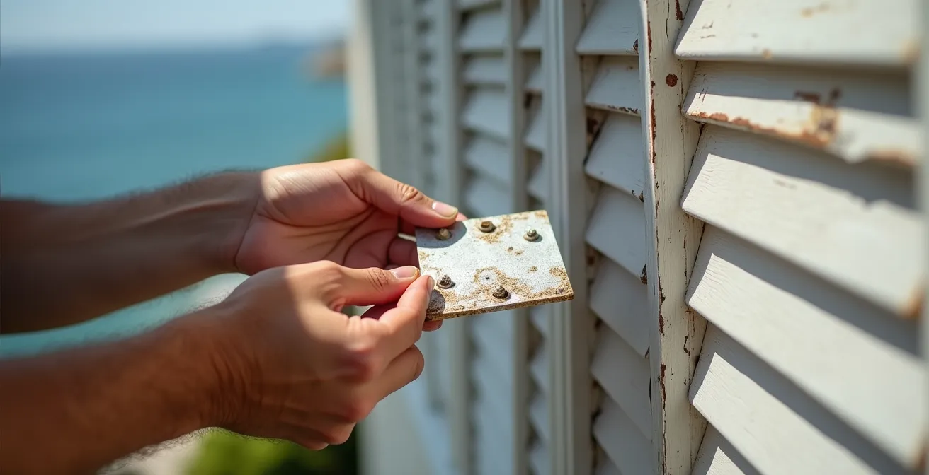 Détail de volet montrant l'usure par corrosion marine