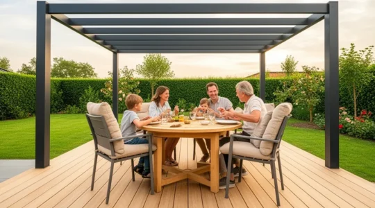 Famille partageant un repas sous une pergola aluminium moderne sur terrasse résidentielle