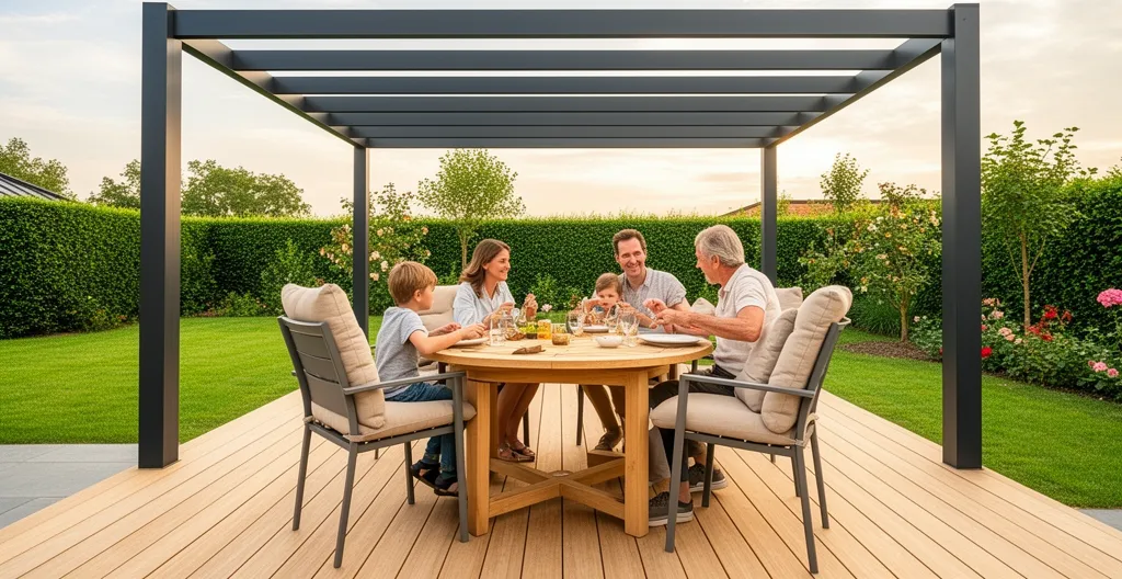 Famille partageant un repas sous une pergola aluminium moderne sur terrasse résidentielle
