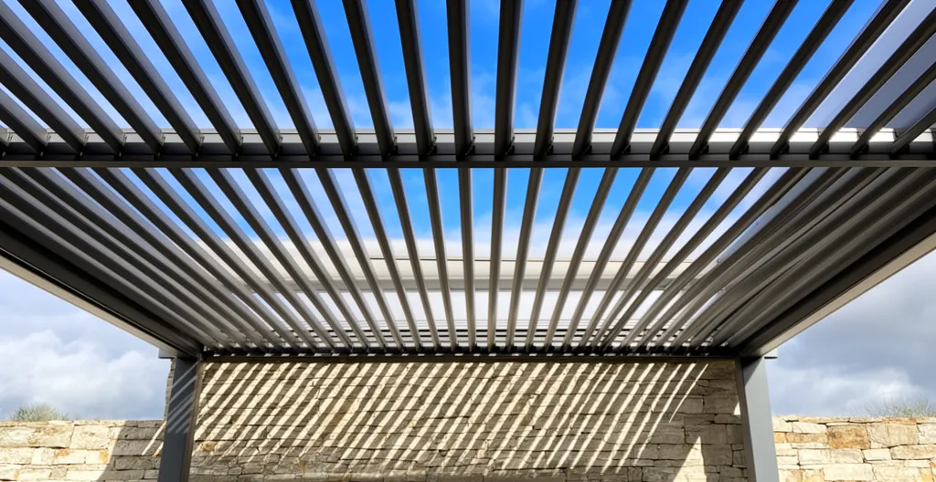 Lames orientables aluminium créant un jeu d'ombre et lumière sur terrasse