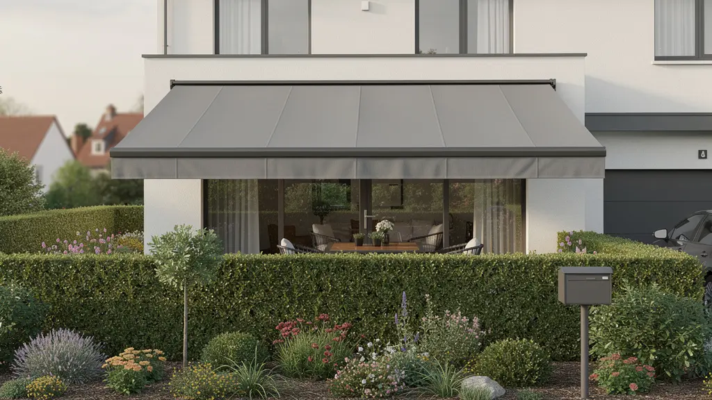 Façade de maison française avec store banne coffre déployé sur terrasse ensoleillée