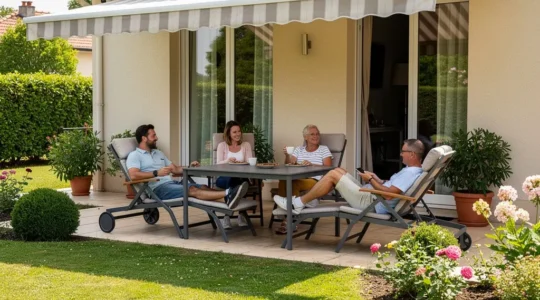 Famille profitant d'une terrasse ombragée sous un store banne déployé en été