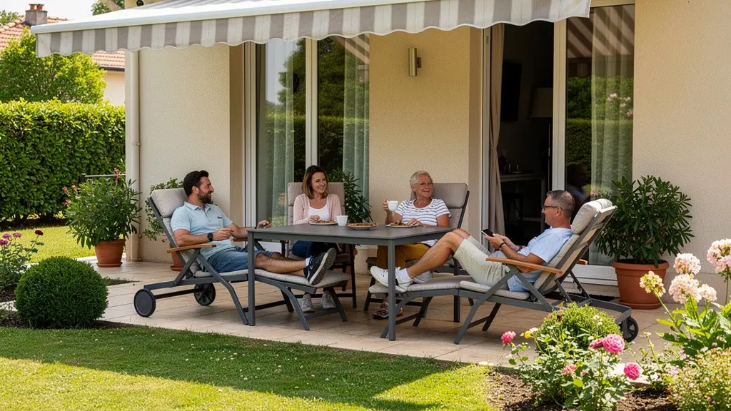 Famille profitant d'une terrasse ombragée sous un store banne déployé en été
