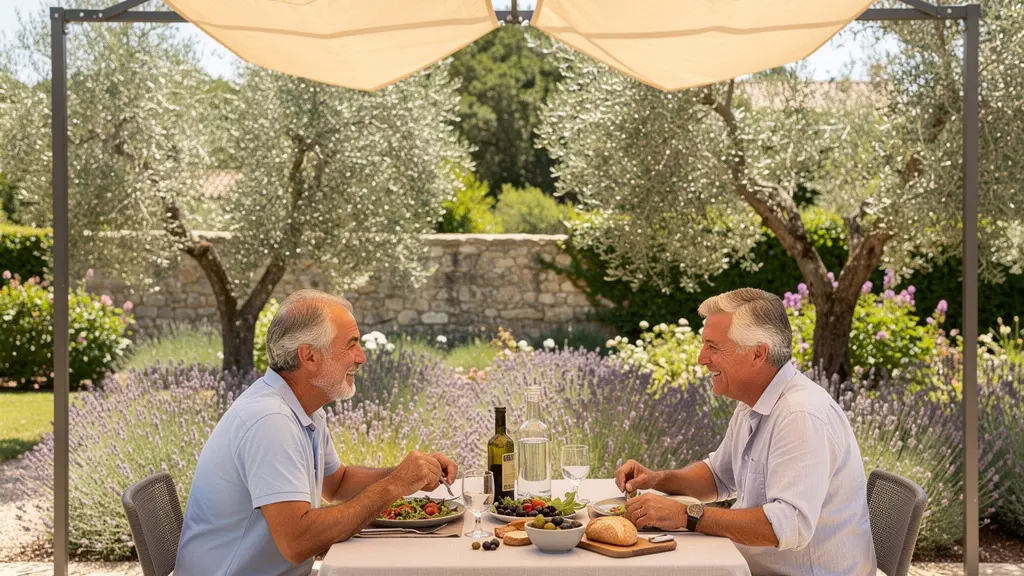 Store double pente installé sur terrasse de jardin avec couple déjeunant à l'ombre