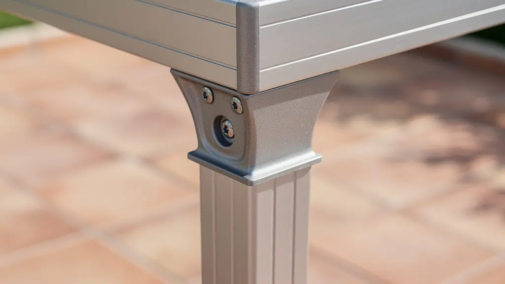 Détail de la structure aluminium d'un store double pente avec pied en fonderie