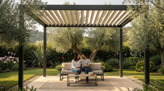 Couple profitant d'une pergola bioclimatique aluminium sur terrasse méditerranéenne