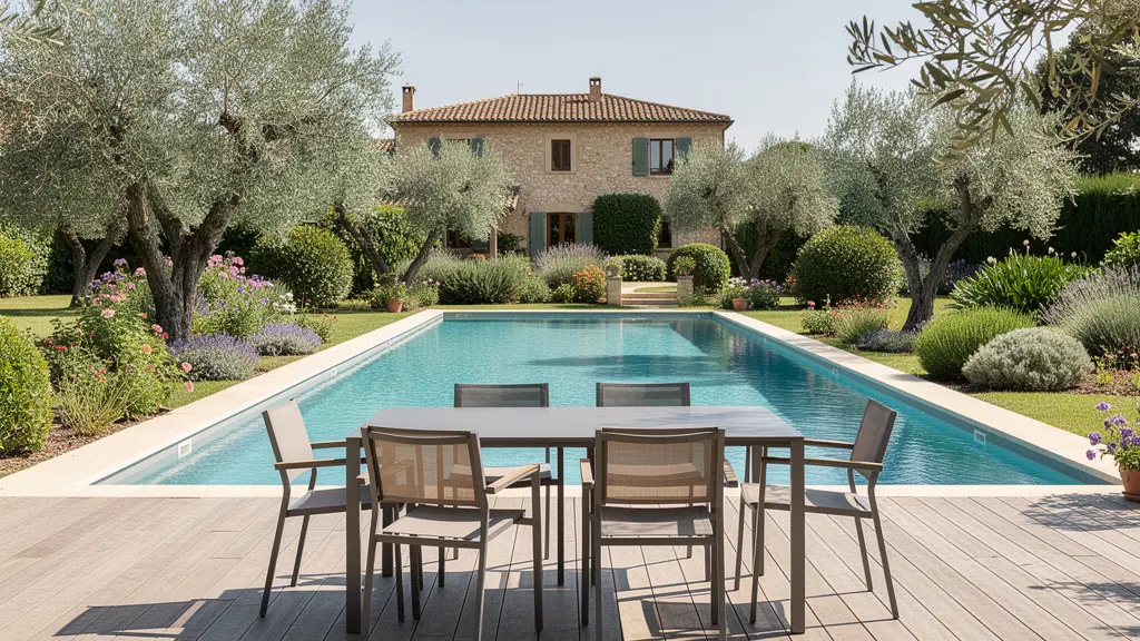 Terrasse de piscine exposée au soleil avec table sans ombre