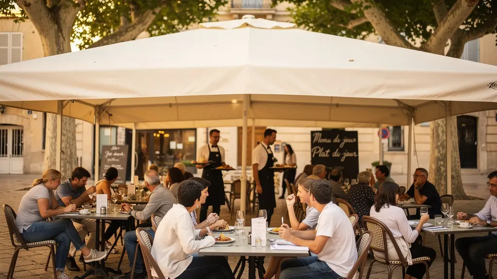 Terrasse de restaurant méditerranéen avec store double pente et clients attablés