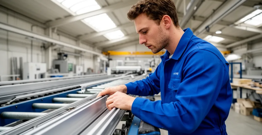 Technicien inspectant un profilé aluminium sur ligne de production française