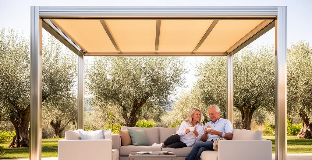 Pergola aluminium moderne sur terrasse ensoleillée avec couple profitant de l'ombre