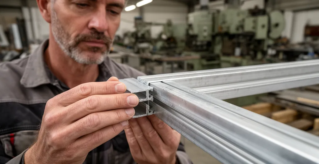 Technicien inspectant un profilé aluminium pergola en atelier de fabrication française