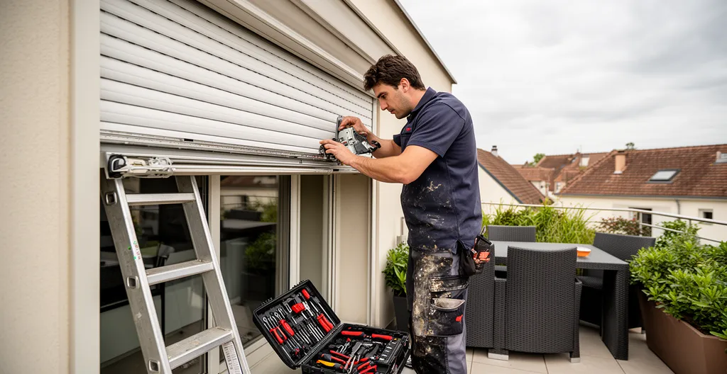 Technicien SAV ajustant le mécanisme d'un store banne sur terrasse résidentielle