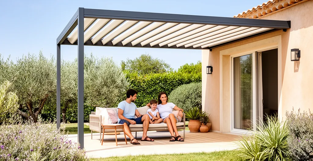Famille profitant de l'ombre sous une pergola bioclimatique aluminium sur terrasse ensoleillée