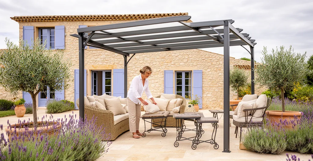 Pergola aluminium installée sur terrasse provençale avec mobilier extérieur