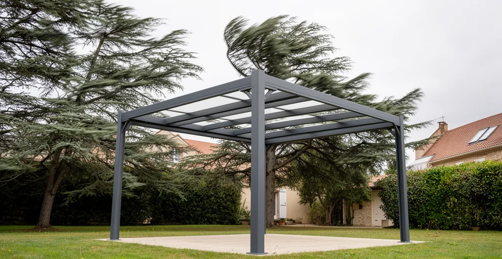 Structure pergola aluminium en situation de test de résistance au vent