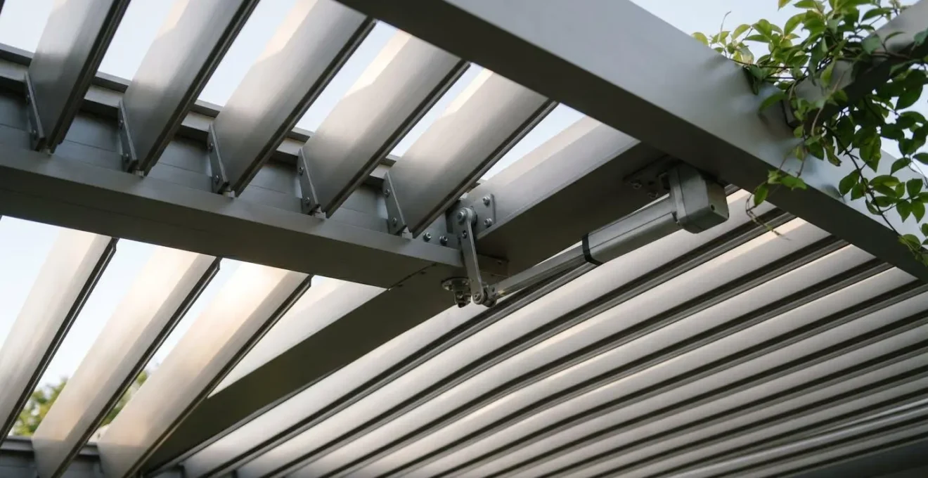 Gros plan sur les lames orientables en aluminium d'une pergola bioclimatique montrant le mécanisme de régulation