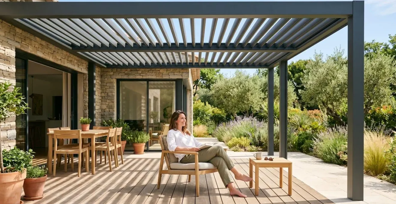 Terrasse moderne équipée d'une pergola bioclimatique en aluminium avec lames orientables, personne assise profitant de l'ombre modulable