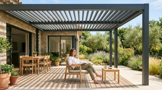 Terrasse moderne équipée d'une pergola bioclimatique en aluminium avec lames orientables, personne assise profitant de l'ombre modulable